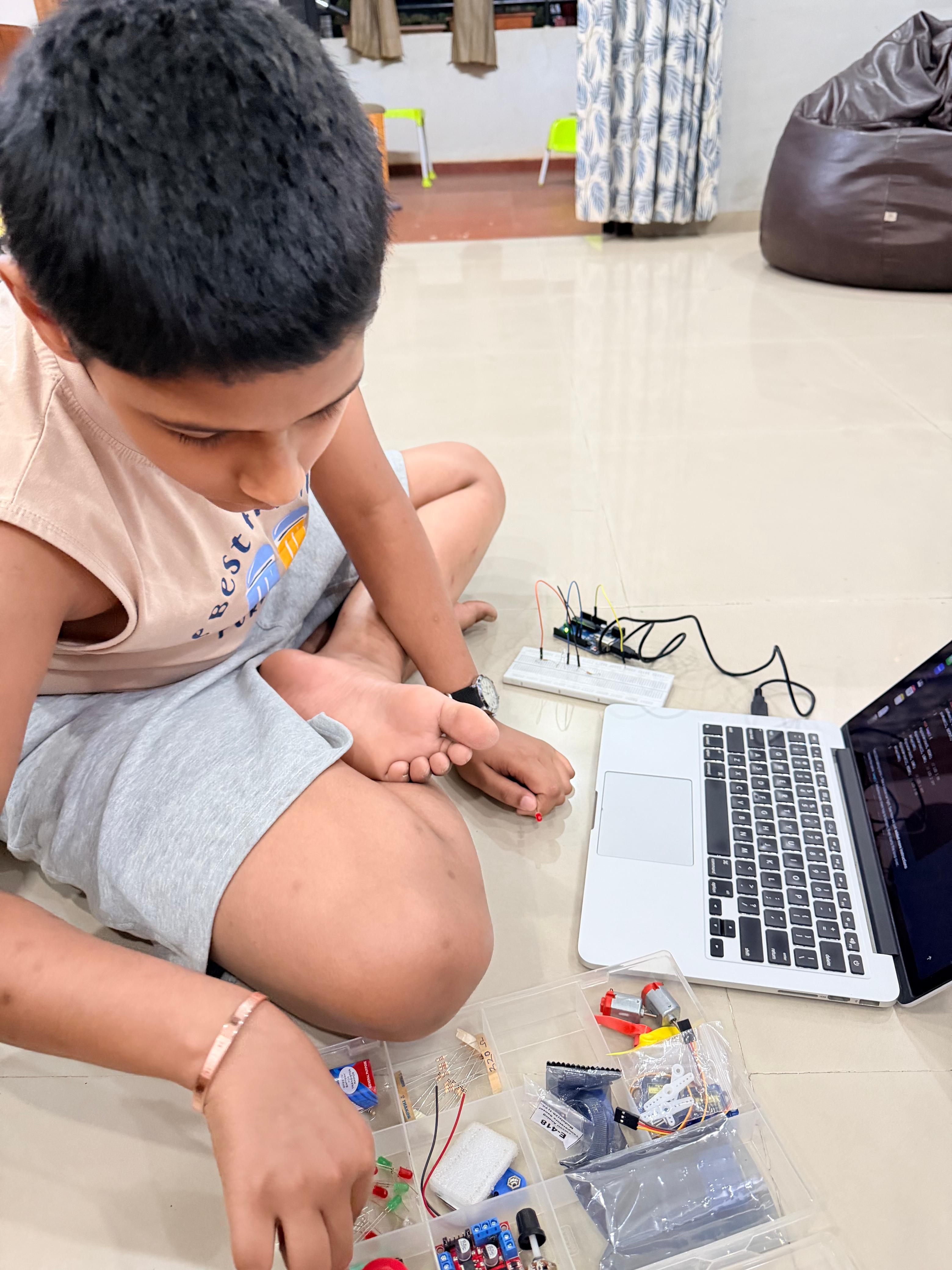Anish's three-LED sequence on the breadboard, 19 April 2026